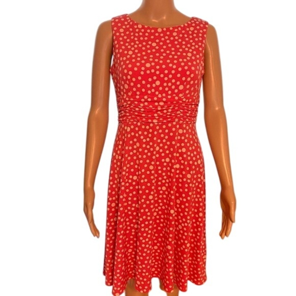 Coral Polka Dot Dress Sleeveless Ruched‎ Waist Casual Party